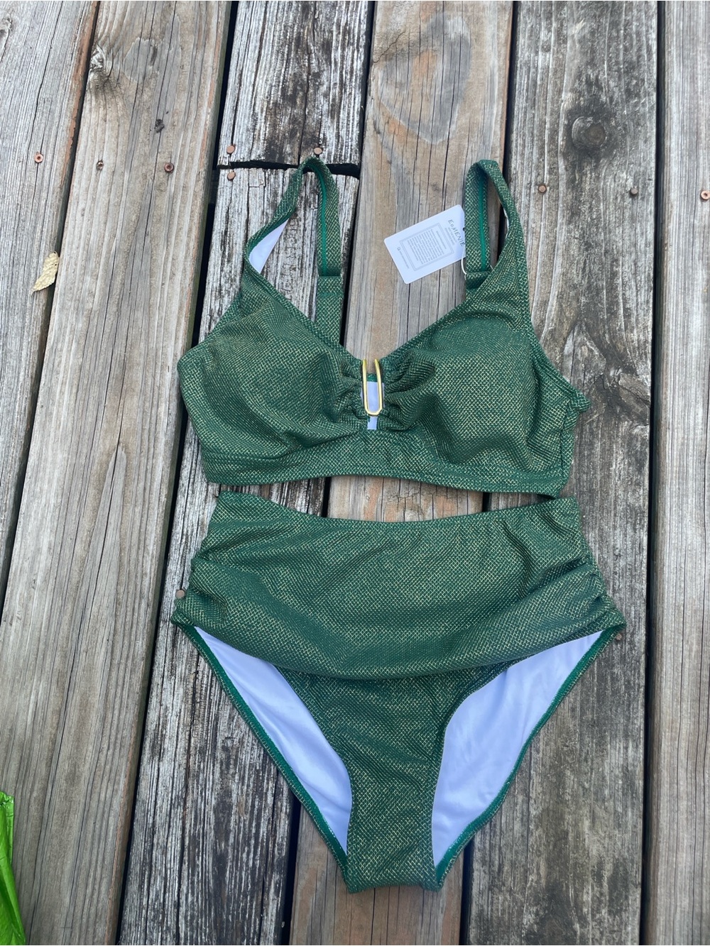 Metallic Green High-Waist Bikini Set with Decorative Front Accent